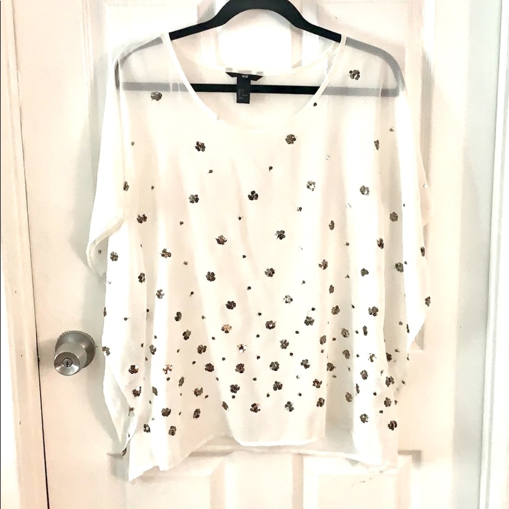 H&M White Sheer Flowy Top With Sequin Pattern - image 1